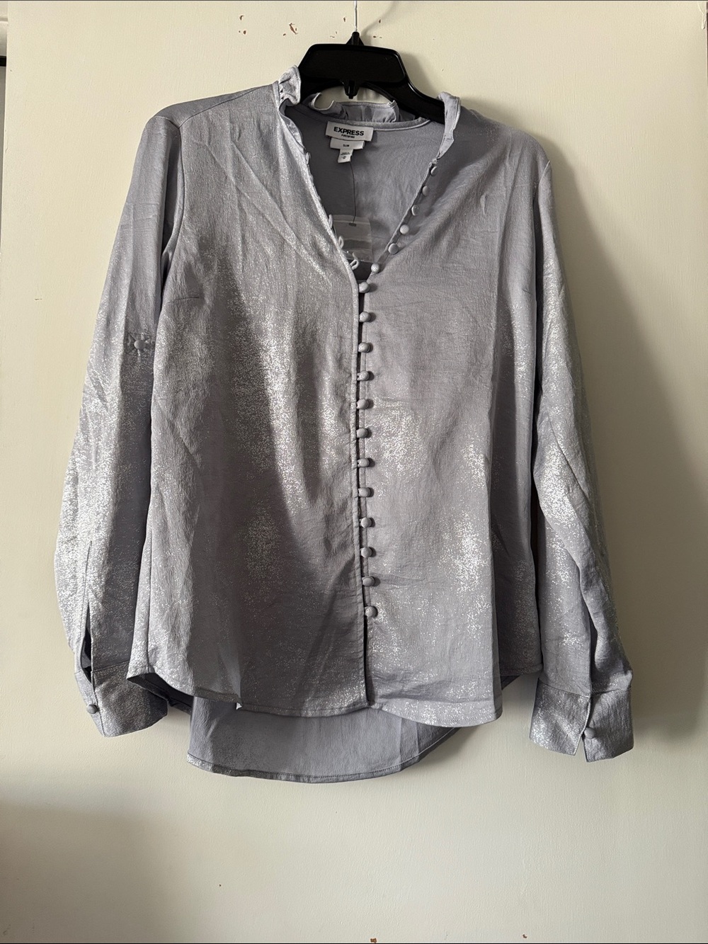 Express Shimmery Silver Button-Up Top